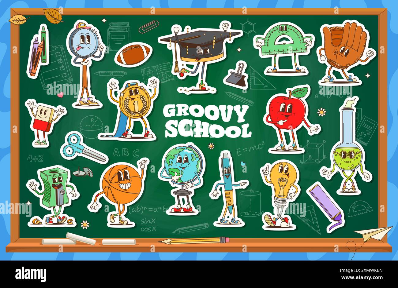 School education and stationery characters stickers pack. Vector ...