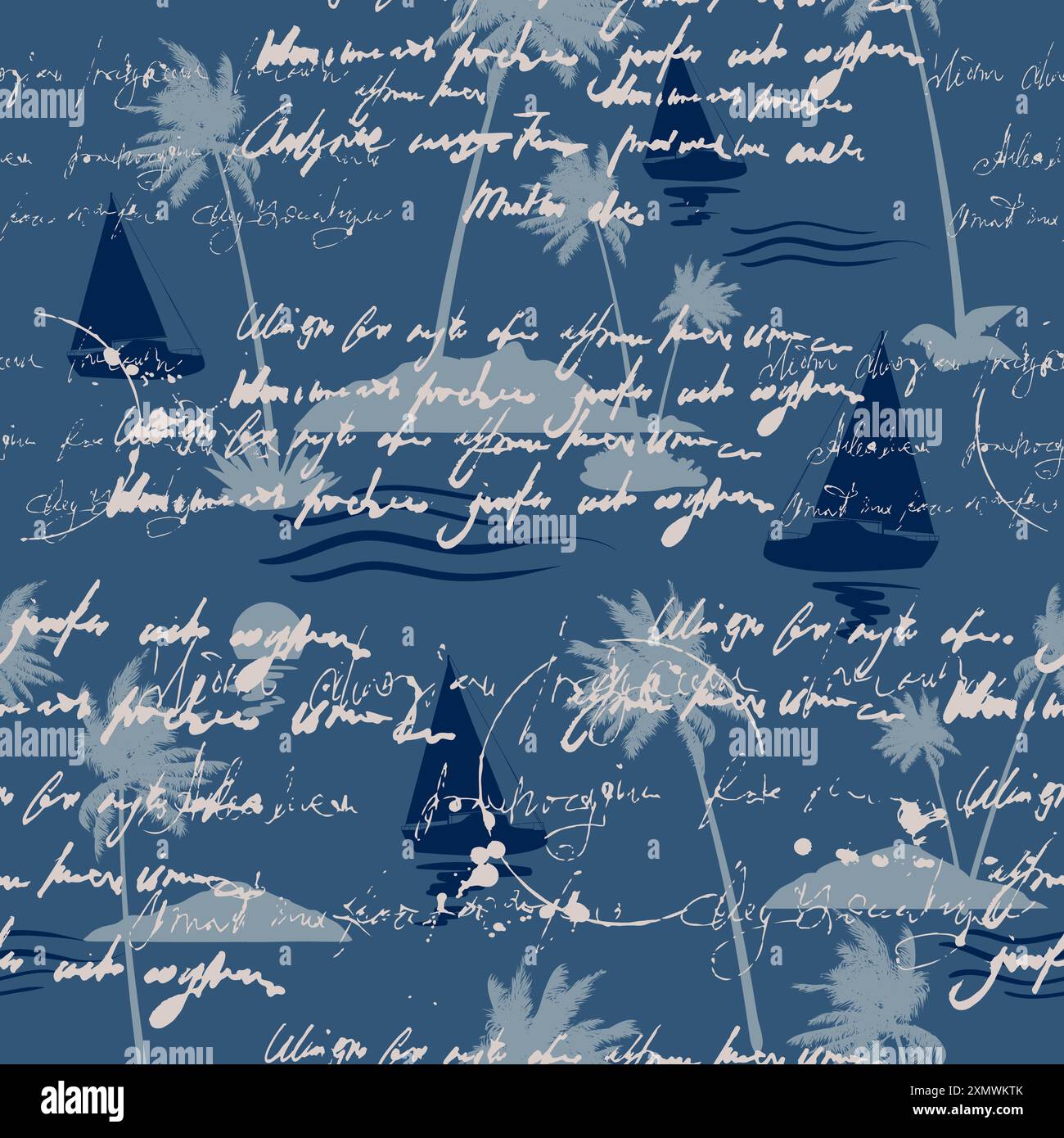 Yacht seamless pattern, unreadable text, handwritten notes, palm ...