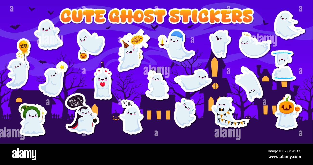 Halloween kawaii ghost characters stickers. Isolated cartoon vector patches with cute smiling and charming spooks flying at haunted town, having fun, Stock Vector