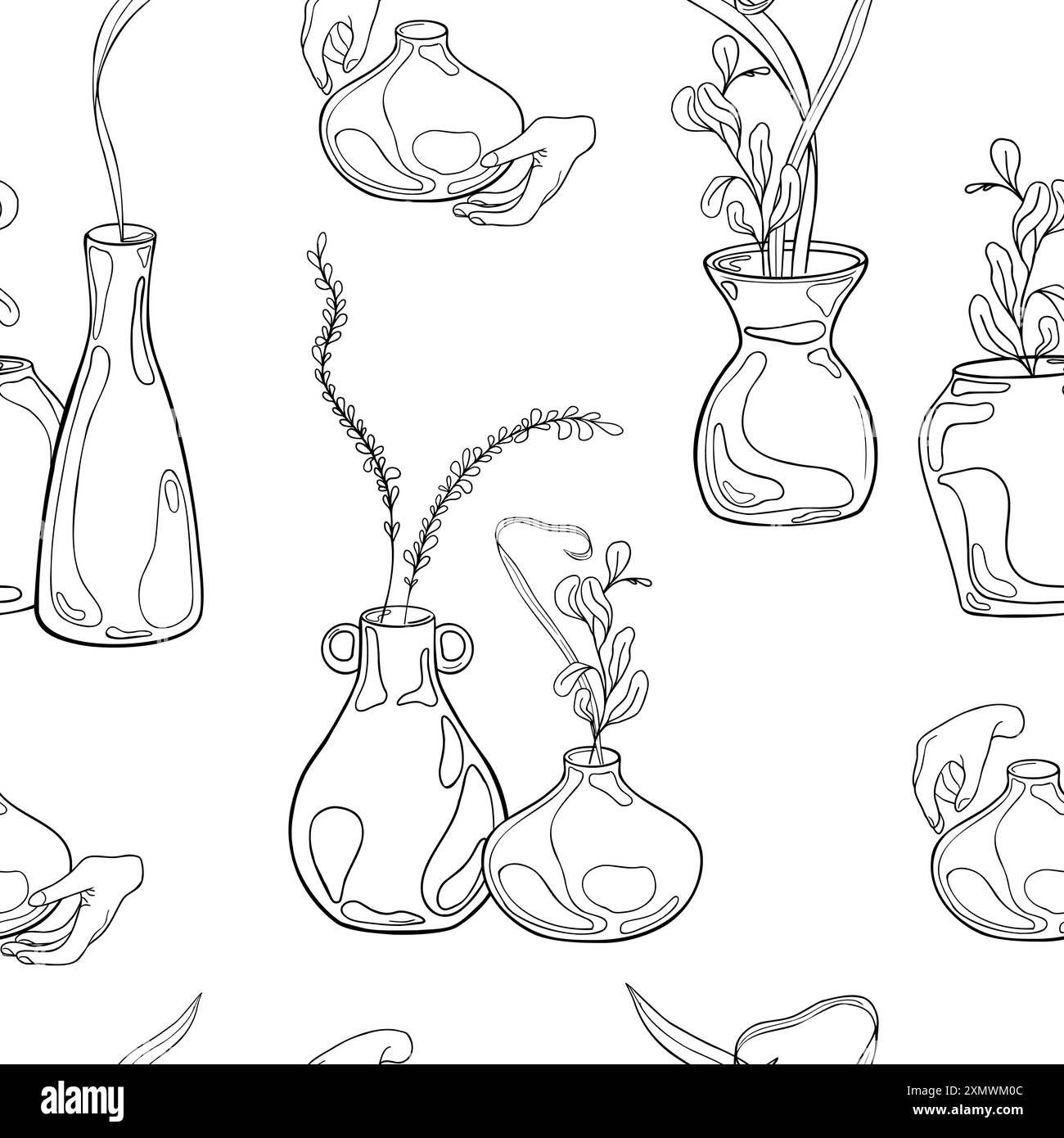 Clay vases with plant branches black white vector seamless pattern ...