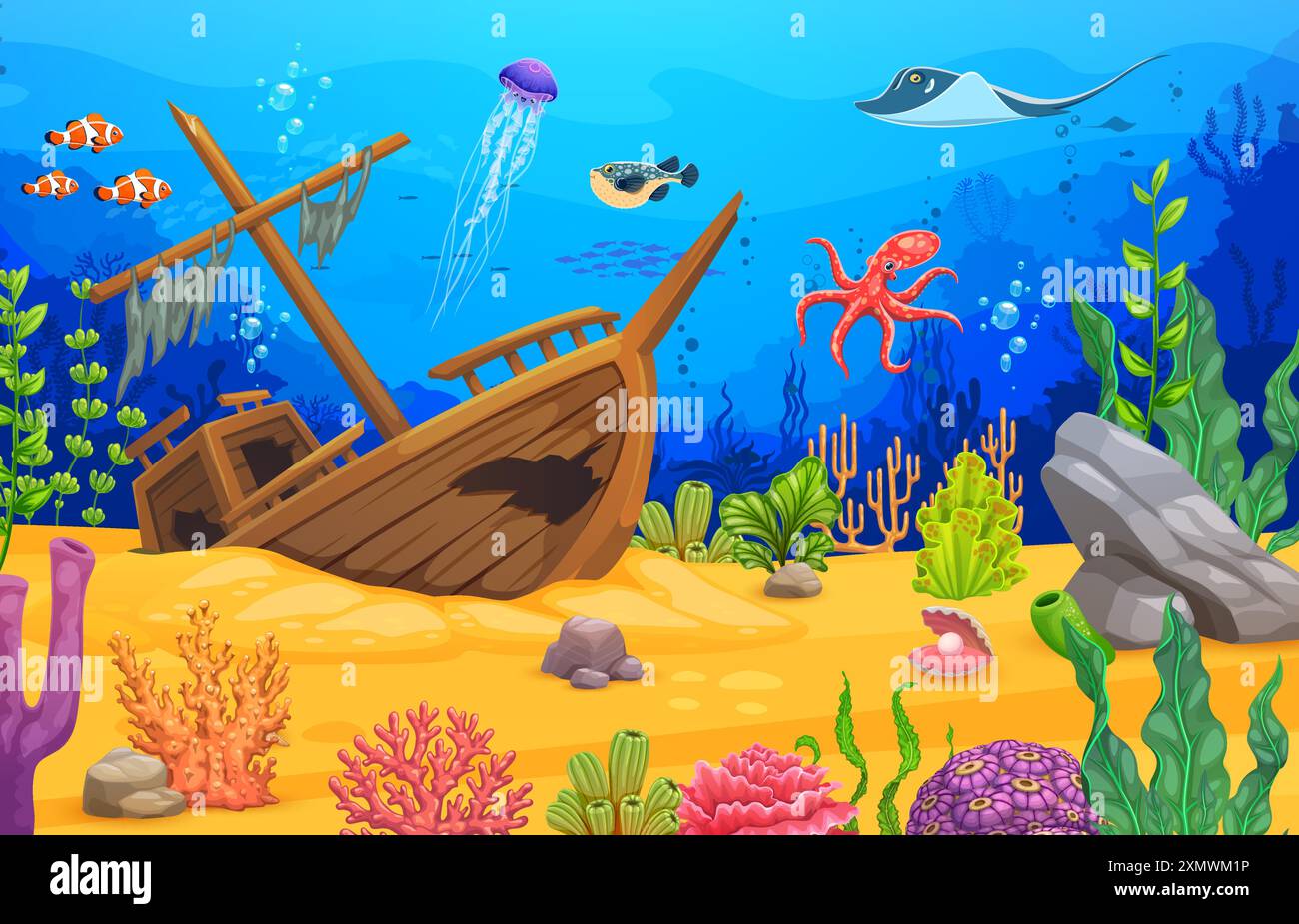 Cartoon underwater landscape, game pa with sunken ship, seaweeds and ...