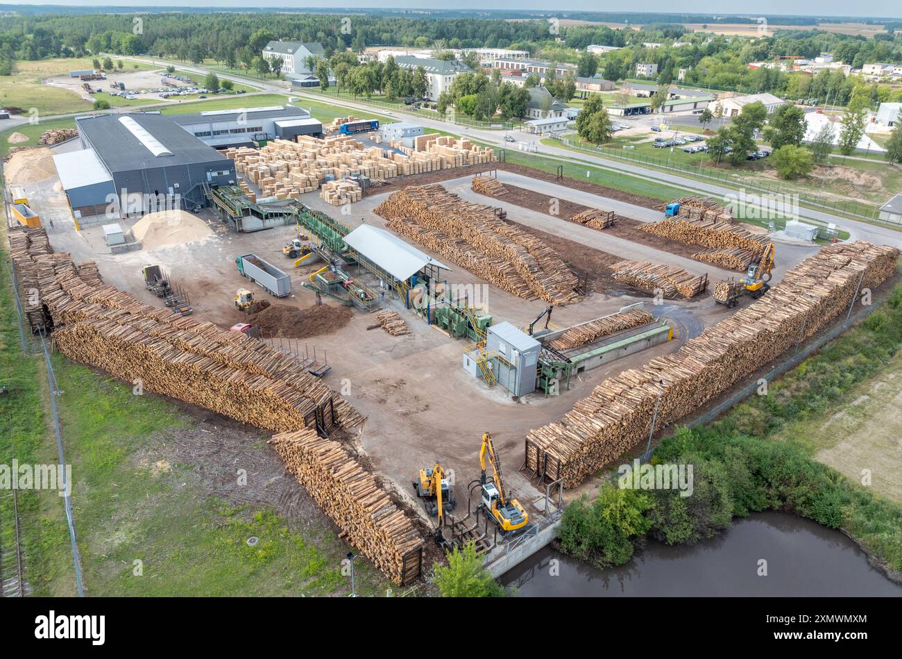 Wood sawmill, machinery for processing wood. Processing plant. A worker operating loader, modern wood processing factory, load freshly cut logs onto t Stock Photo