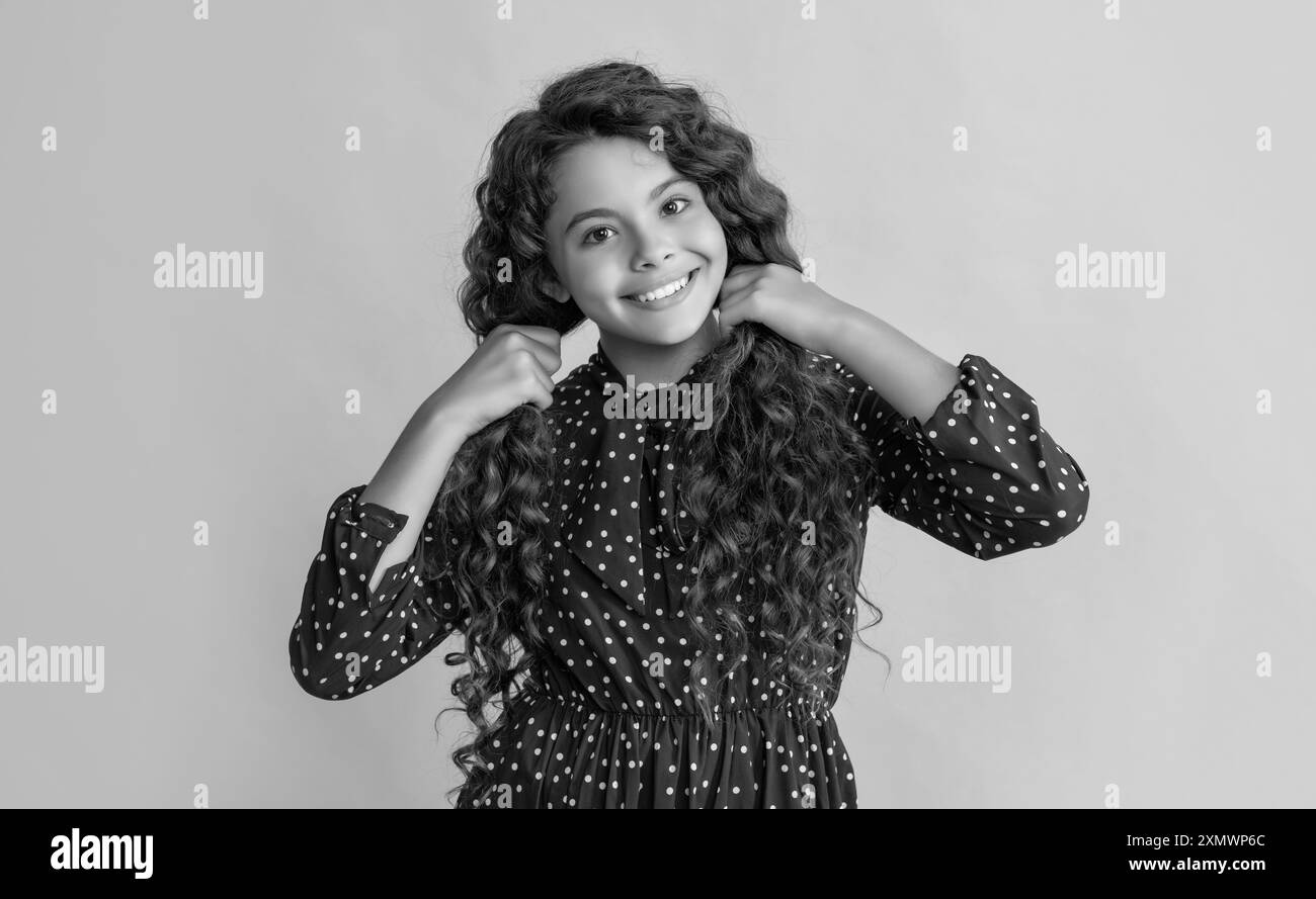 Cheerful girl long curly Black and White Stock Photos & Images - Alamy