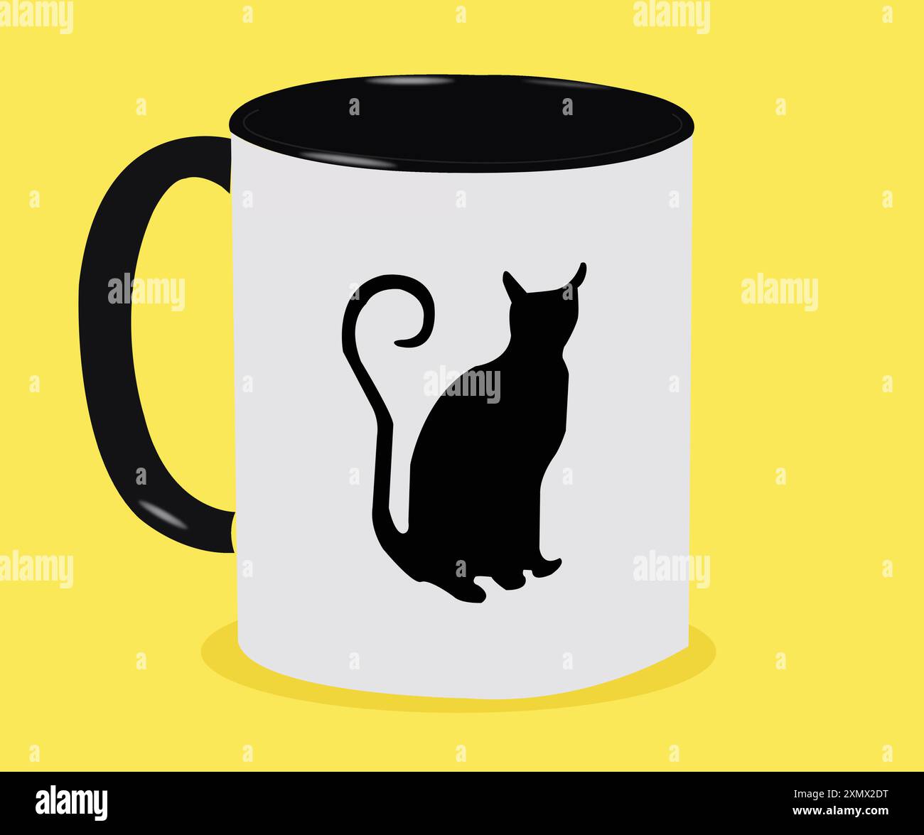 Vector illustration of white mug ceramic cup with picture of black cat Stock Vector