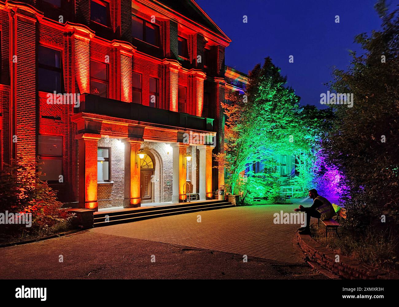 illuminated building for the event Extraschicht at Heinrich Robert colliery, Germany, North Rhine-Westphalia, Ruhr Area, Hamm Stock Photo