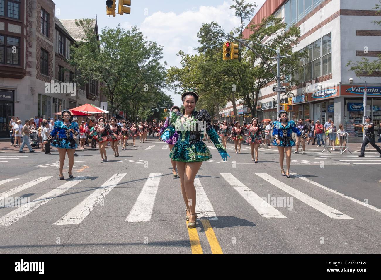 Members of the San Simon Sucre dance troupe perform at the International Peruvian Parade in Jackson Heights, Queens, New York. Stock Photo