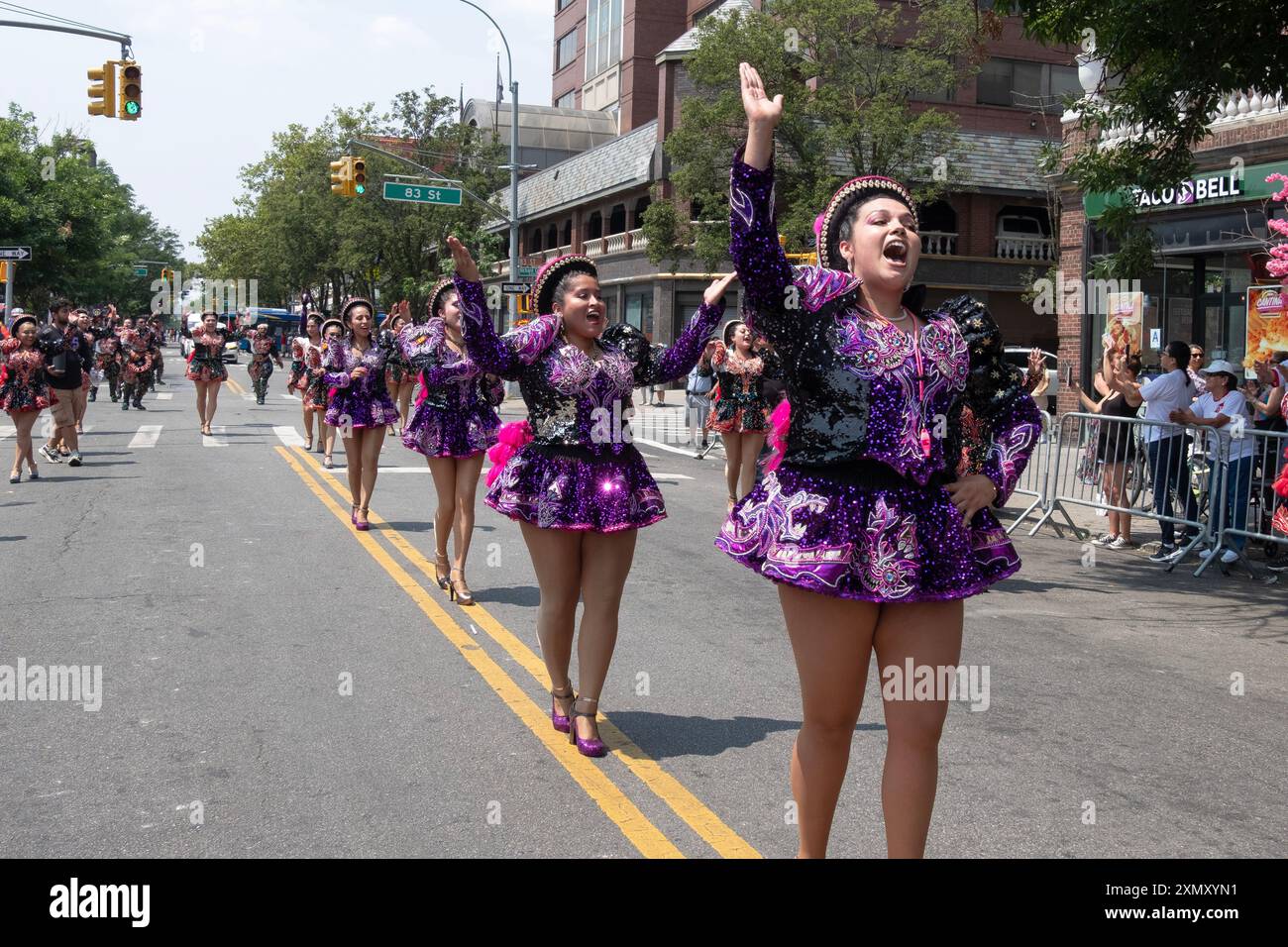 Bolivian American members of the San Simon Sucre dance troupe perform at the International Peruvian Parade in Jackson Heights, Queens, New York. Stock Photo