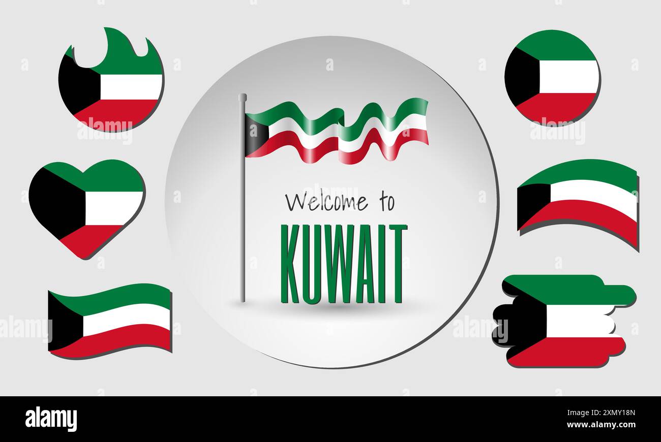 Set of Kuwait flags and waving Kuwait flag in vector with the ...