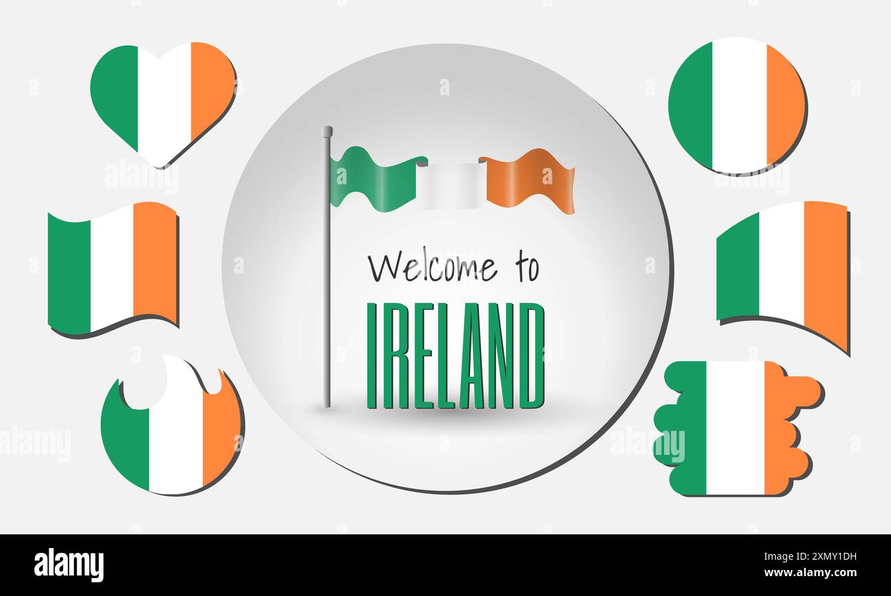 Set of Irish flags and waving Irish flag in vector with the inscription Welcome to Ireland! Stock Vector