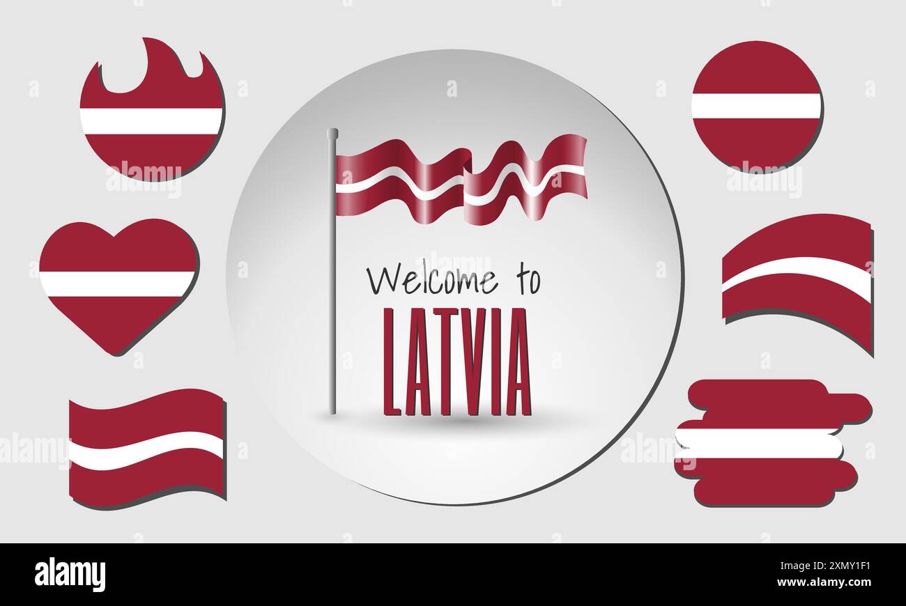 Set of Latvia flags and waving Latvian flag in vector with the inscription Welcome to Latvia! Stock Vector