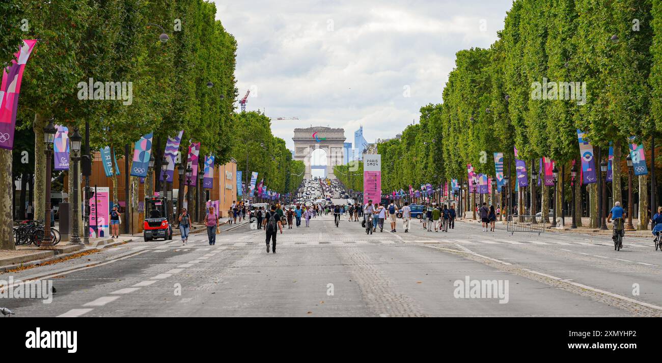 Panoramic view of the avenue of the Champs-Elysées decorated for the Paris 2024 summer Olympics Stock Photo