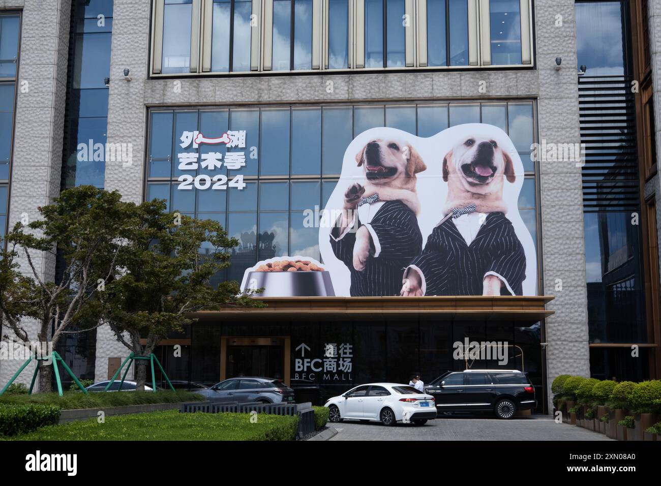 A cute image of a dog is being displayed as part of an art installation ...
