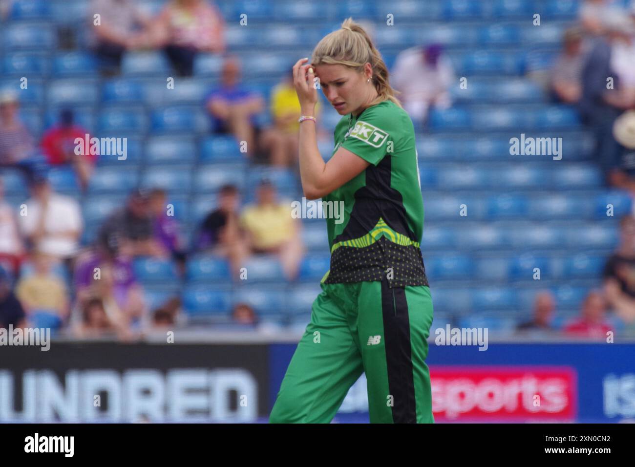 Leeds, 30 July 2024. Lauren Bell bowling for Southern Brave women against Northern Superchargers women in The Hundred at Headingley. Credit: Colin Edwards/Alamy Live News Stock Photo