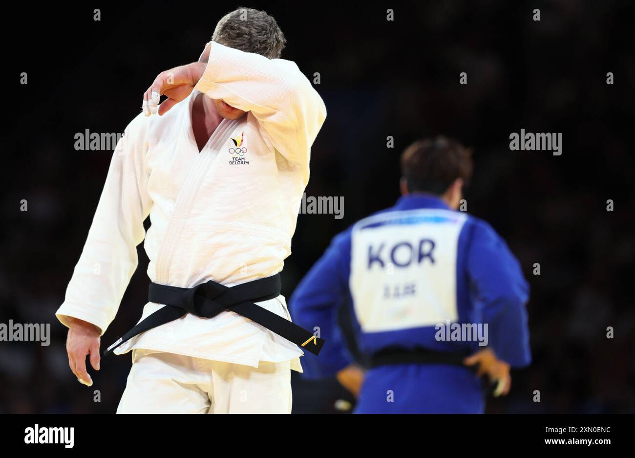 Paris, France. 30th July, 2024. Belgian judoka Matthias Casse reacts after  losing a judo bout between Belgian Casse and Sout-Korean Joongwan, in the  fight for the bronze medal of the -81kg category