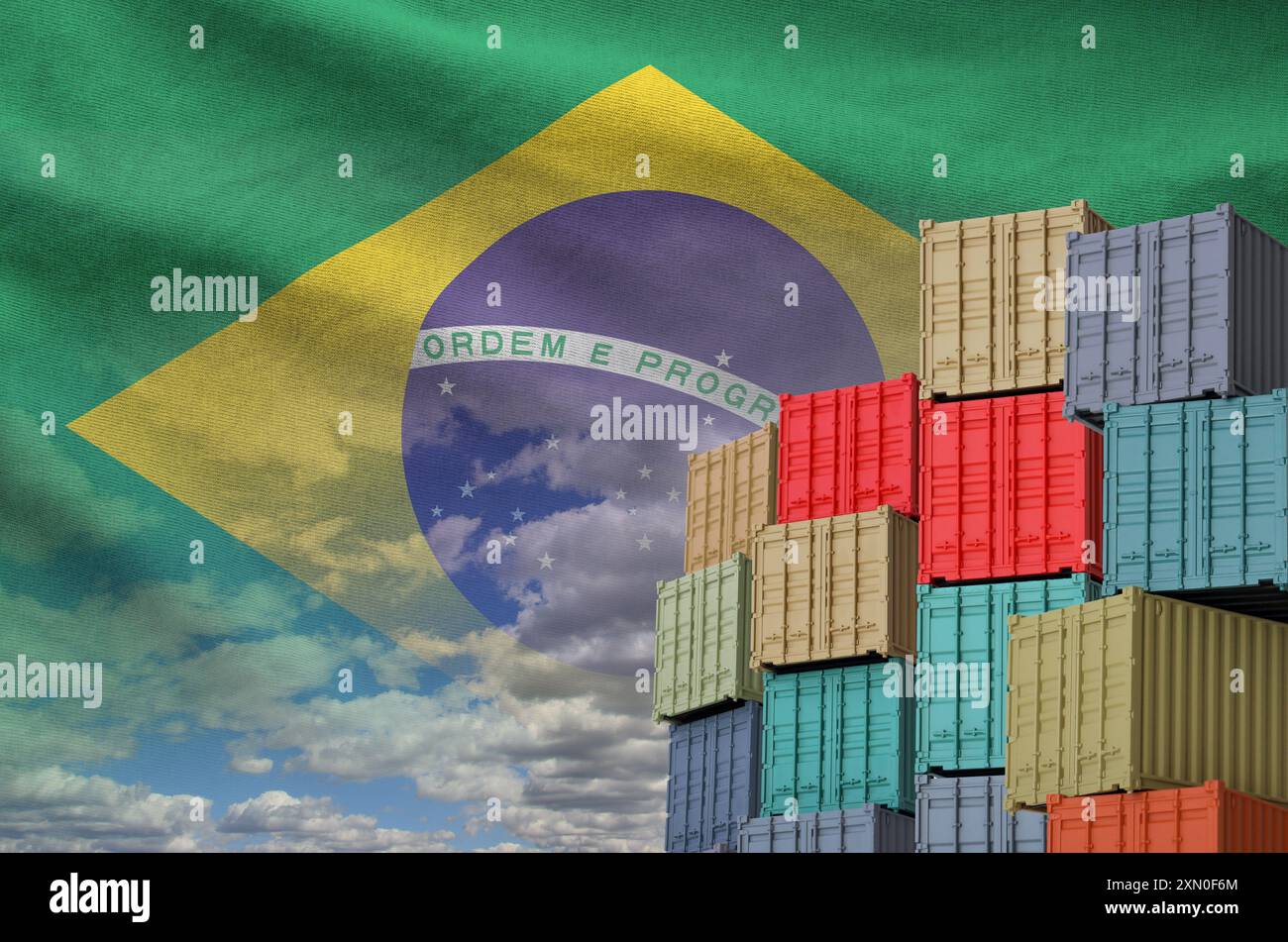 Brazil flag and big stack of shipping cargo containers in docks with ...