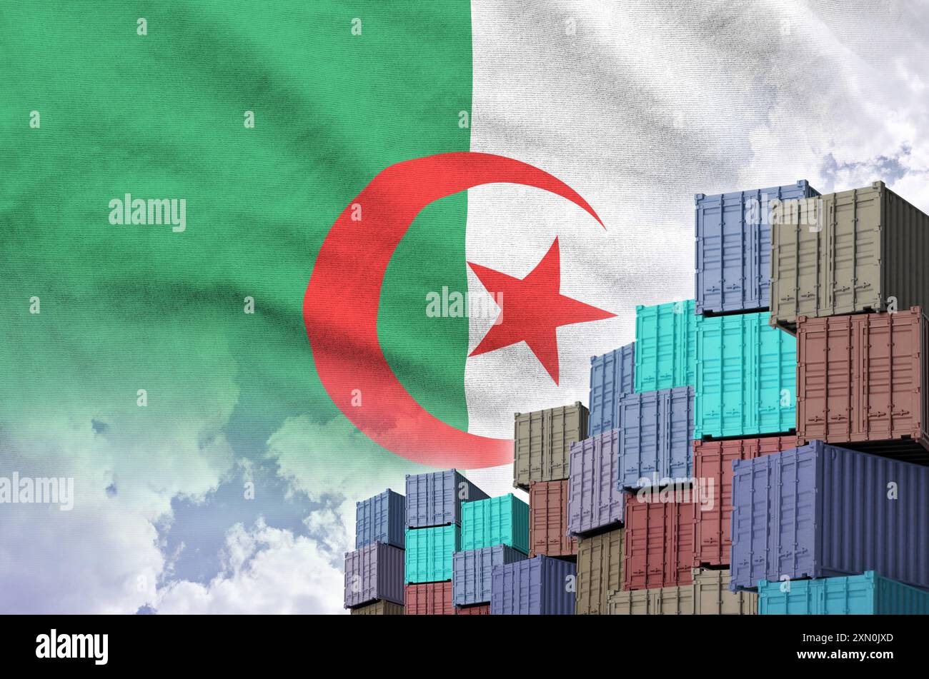 Algeria flag and big stack of shipping cargo containers in docks with ...