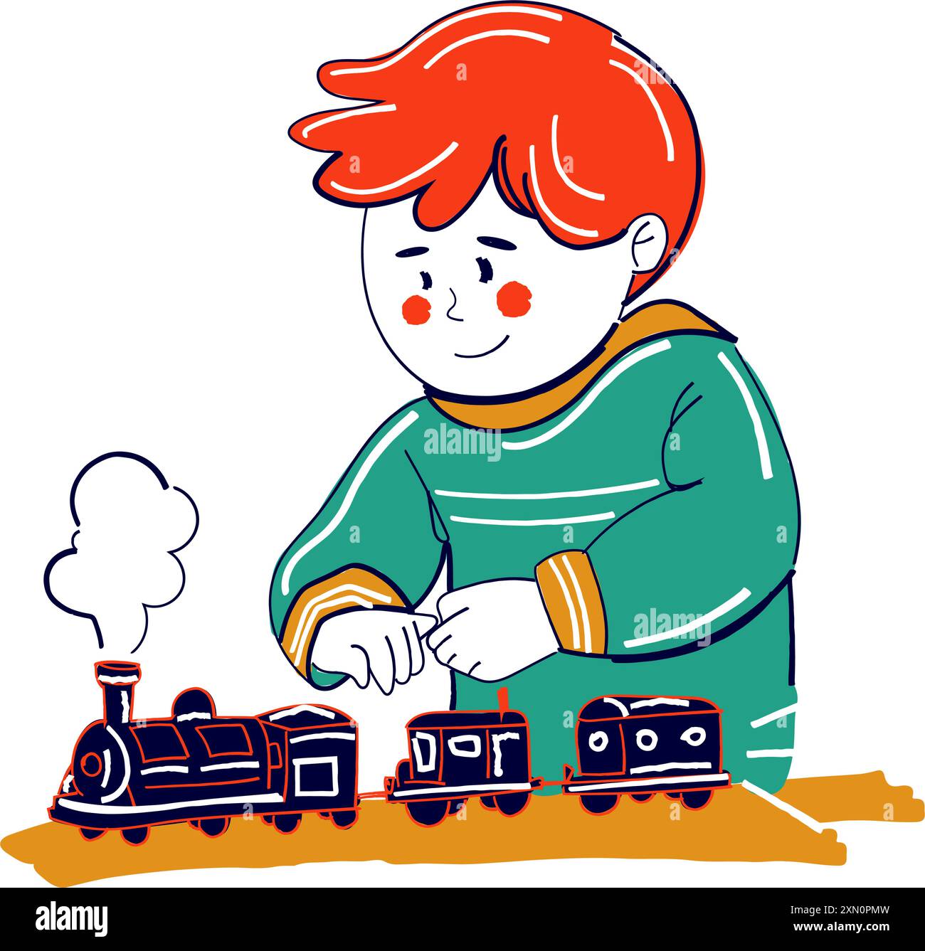 Happy boy is playing with railway train toy. Naive child drawing doodle ...