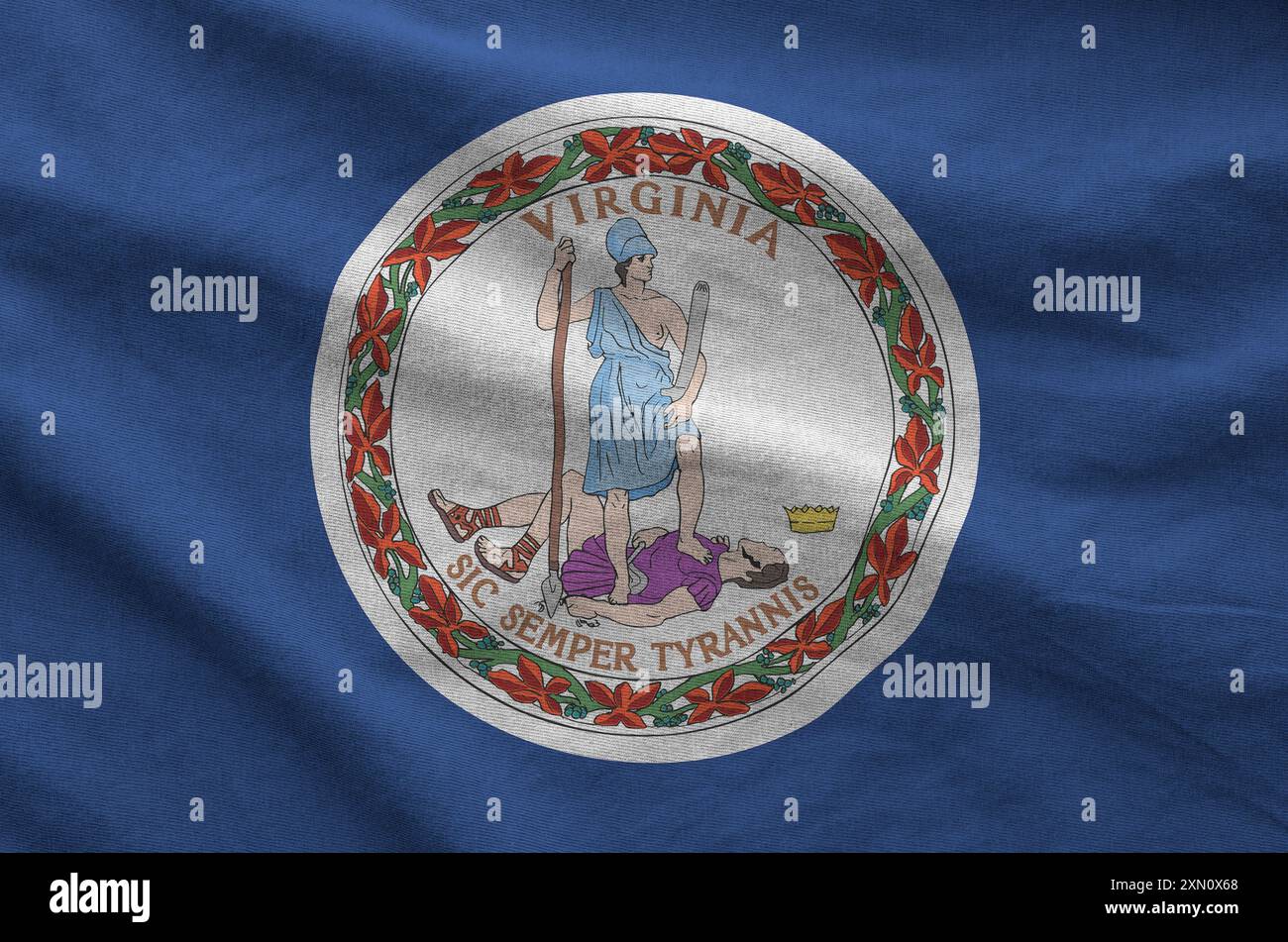 Virginia US state flag depicted on folded wavy fabric of old cloth ...