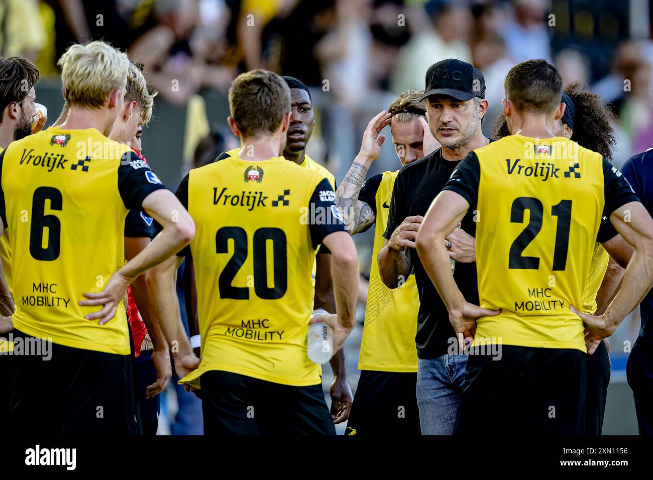 BREDA, Netherlands. 30th July, 2024. football, Rat Verlegh stadium, Dutch  eredivisie, season 2024/2025, during the match NAC - Aris Thessaloniki  (friendly), Aris Thessaloniki player Marc Rose, NAC player Kacper Kostorz  Credit: Pro, image size:1300x956