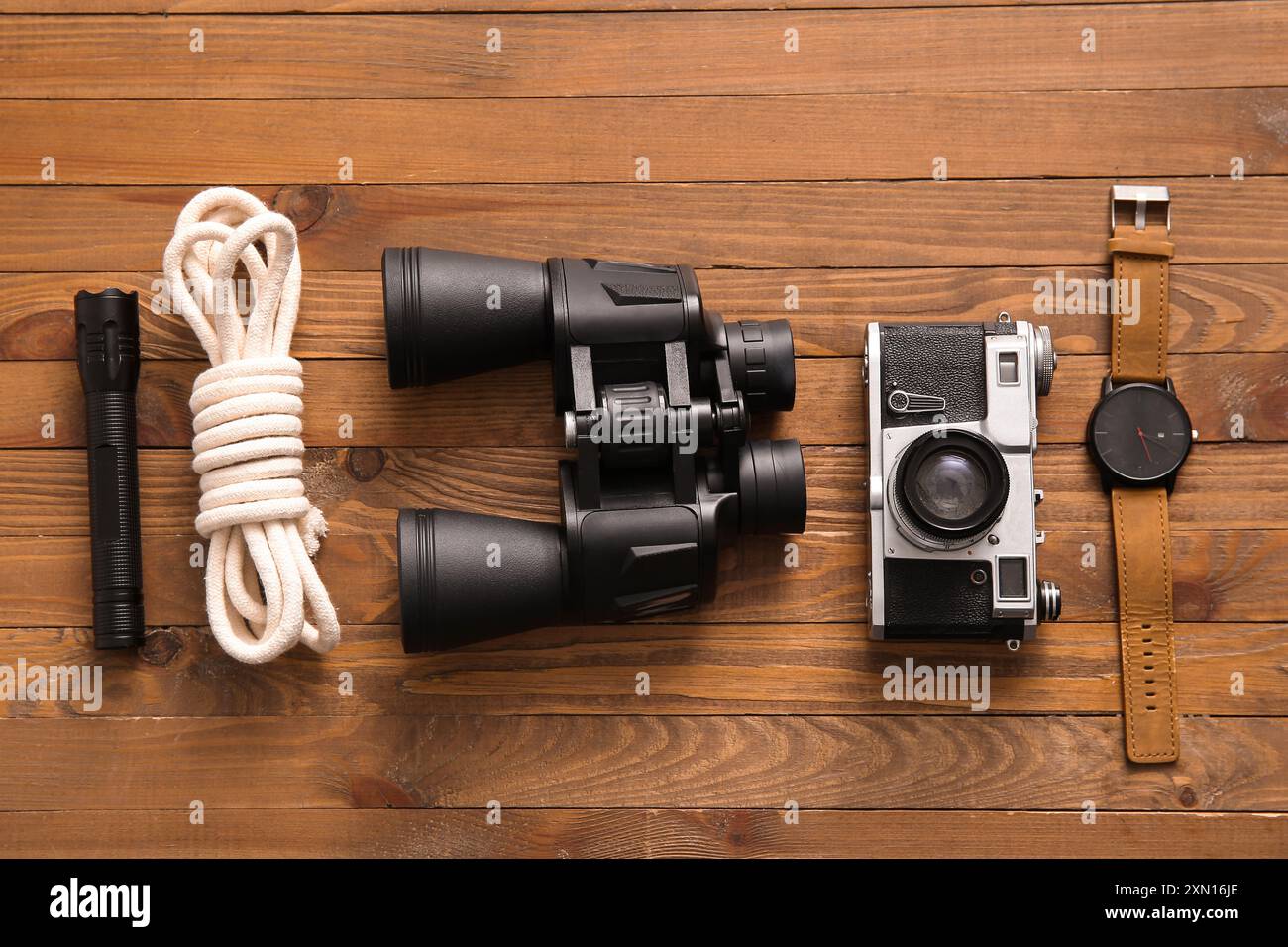 Travel items on wooden background Stock Photo