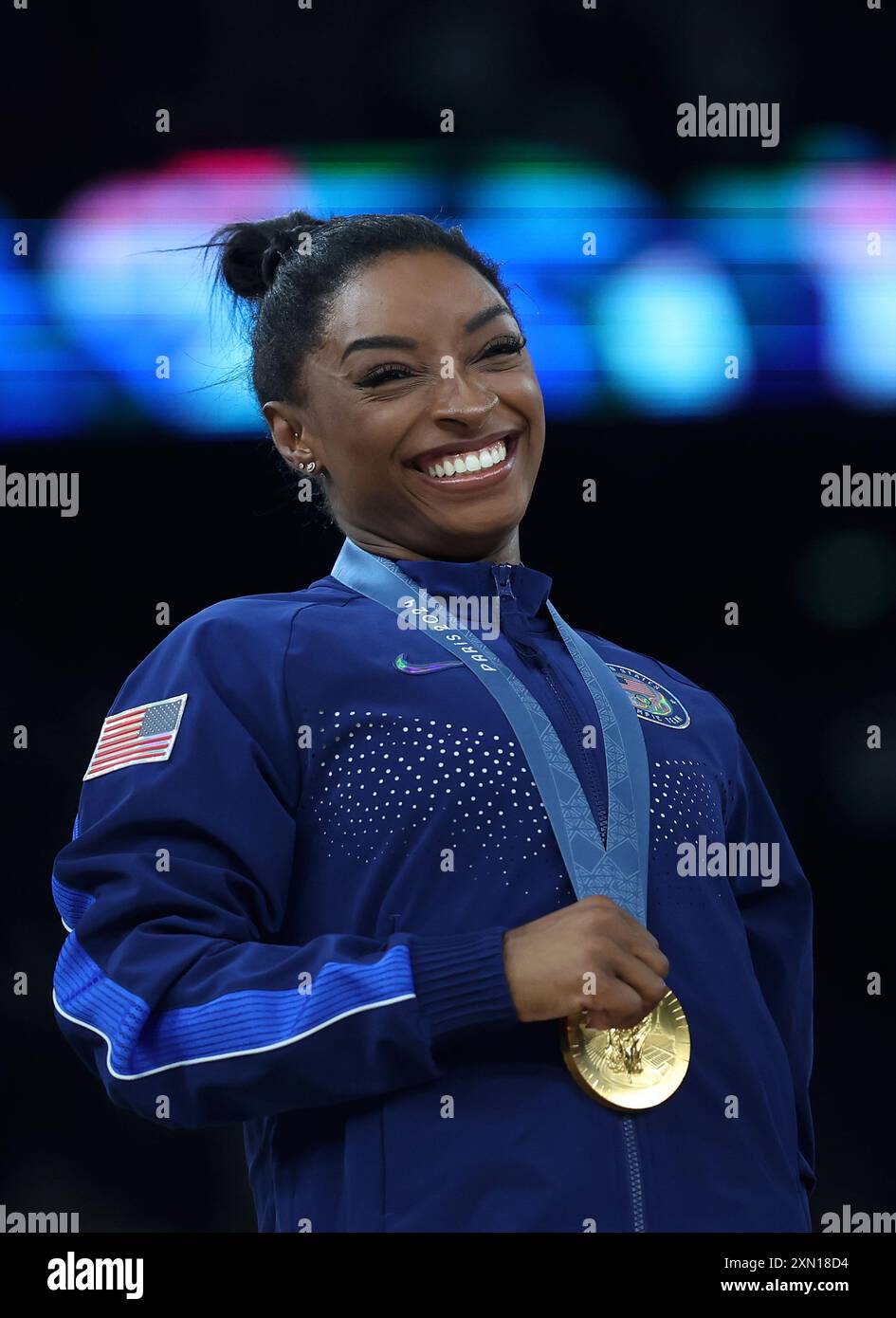 Paris, France. 30th July, 2024. Gold medalist Simone Biles of team USA ...