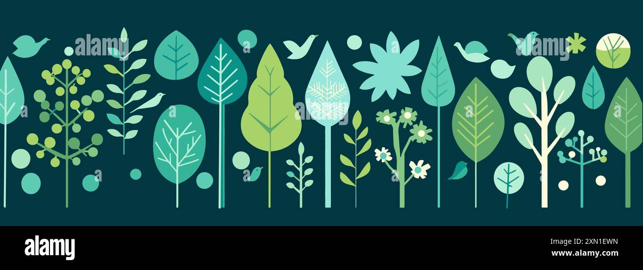 Abstract flat poster with trees birds and flowers. Minimalist simple ...