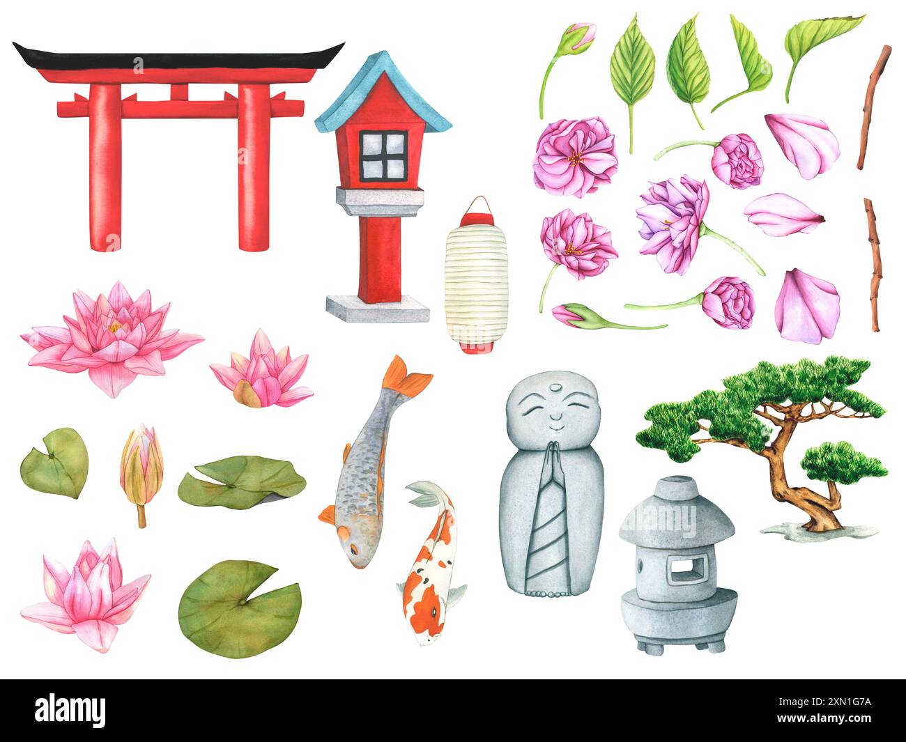 Large set with Sakura flowers, Koi Fish, Red Wooden Lantern, Pink Lotus, Bonsai tree of Pine, Stone Lantern and Paper Lantern. Hand drawn Watercolor Stock Photo