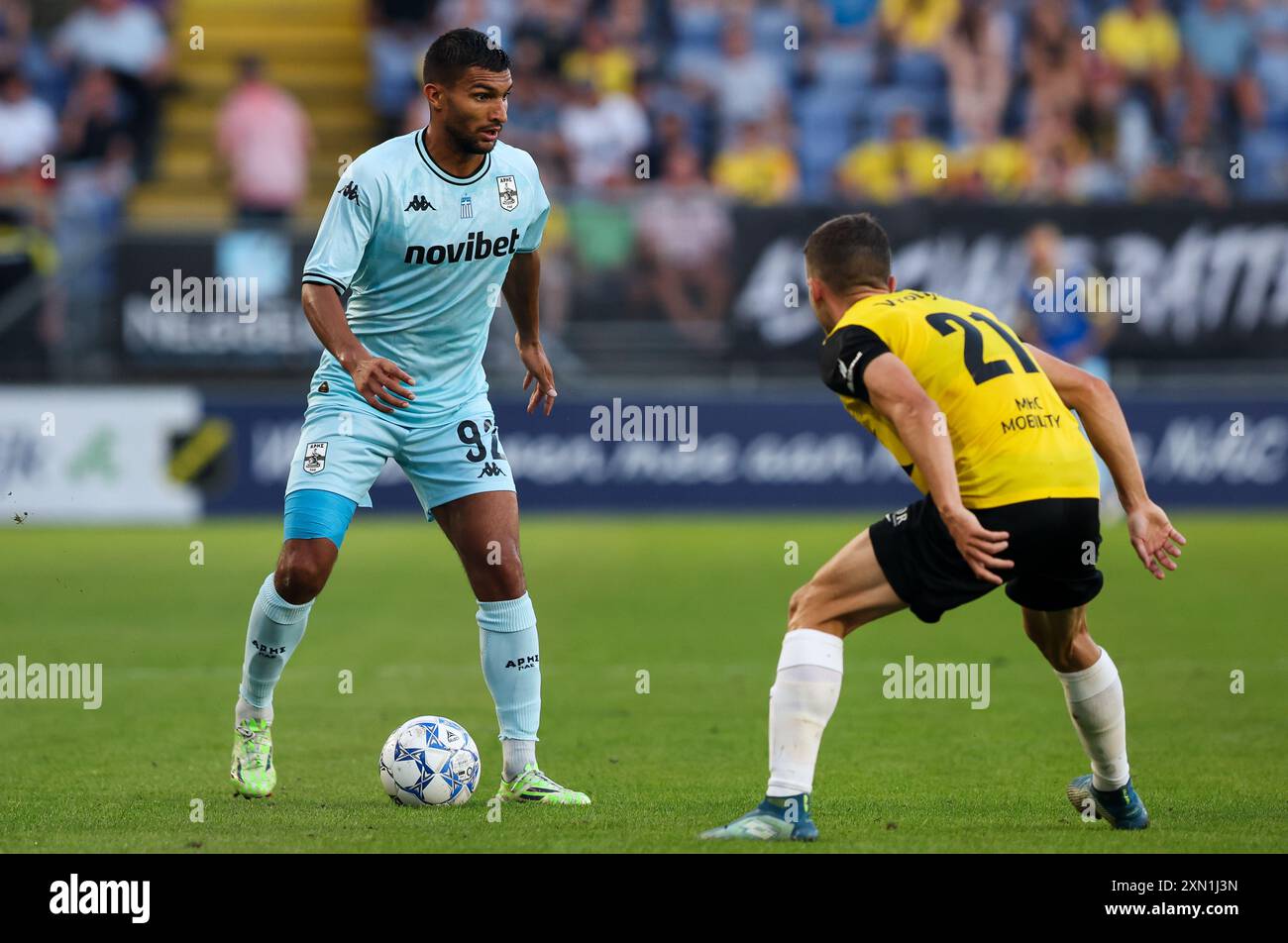 Breda, Netherlands. 30th July, 2024. BREDA, NETHERLANDS - JULY 30: Marc  Rose of Aris FC is challenged by Manul Royo of NAC Breda during the Pre  Season Friendly match between NAC Breda, image size:1300x952
