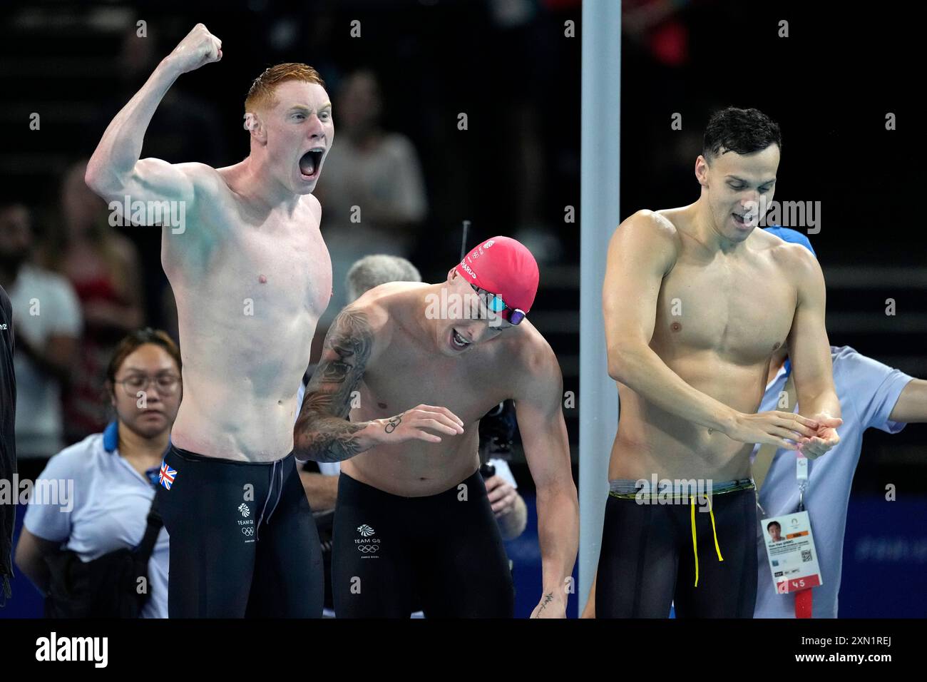 Britain #39 s men #39 s 4x200 meter freestyle relay team celebrates after