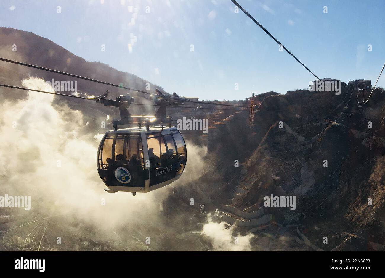 A thrilling ride on the Hakone Ropeway cable car, offering stunning views of steaming volcanic landscapes and rugged mountain terrain under a clear bl Stock Photo