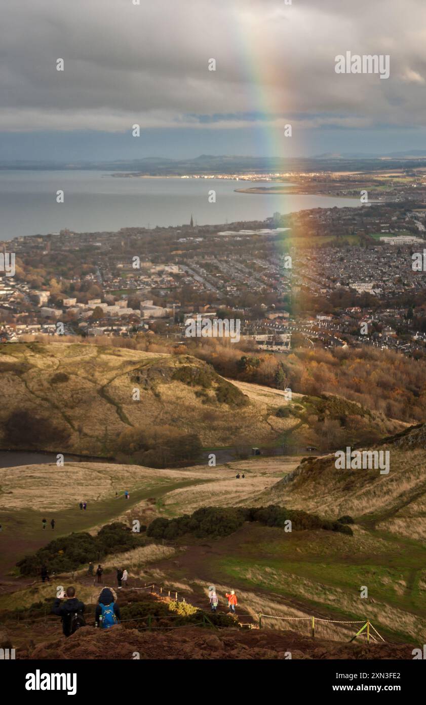 Edinburgh, Scotland, 11.11.2018: Vertical view of rainbow over ...