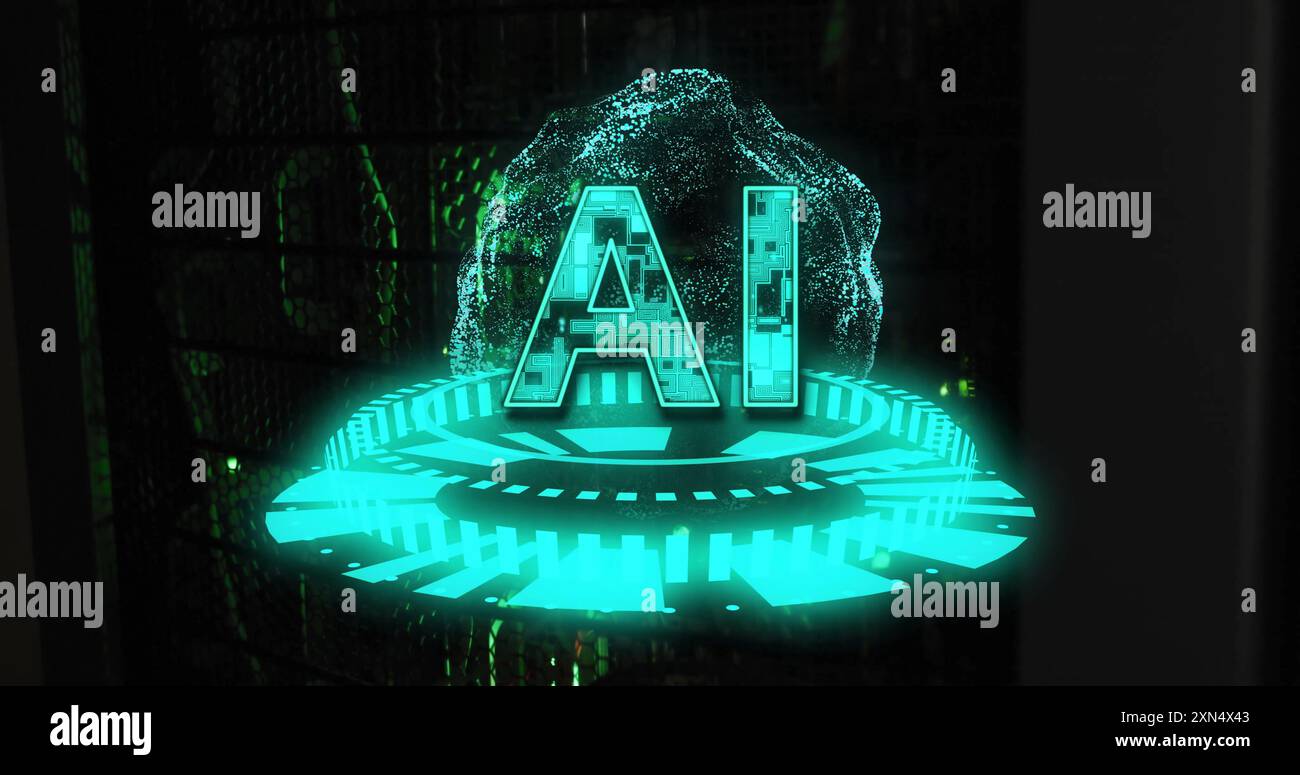 AI text image over futuristic digital interface with glowing green elements Stock Photo