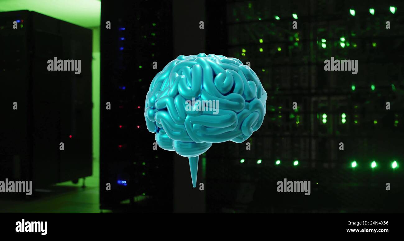 3D brain image over server room with green lights. Technology, data, networking, artificial intelligence, digital, glowing Stock Photo