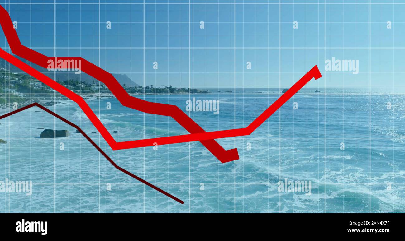 Image of red lines and financial data processing over seascape Stock Photo