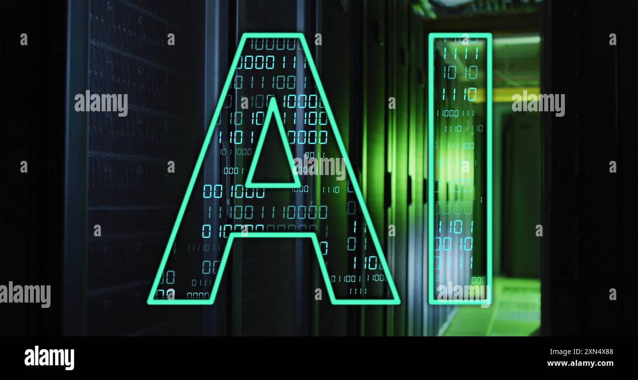 AI text image over binary code and server racks Stock Photo