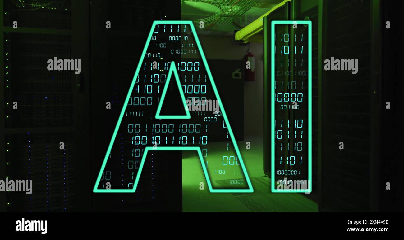 AI text image over binary code and server room background. Technology, data, digital, cybersecurity, programming, network Stock Photo