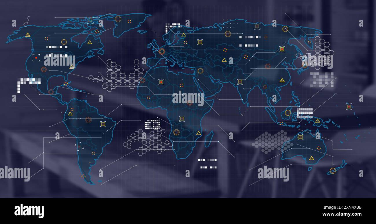 Image of financial data processing and world map over desk in office ...