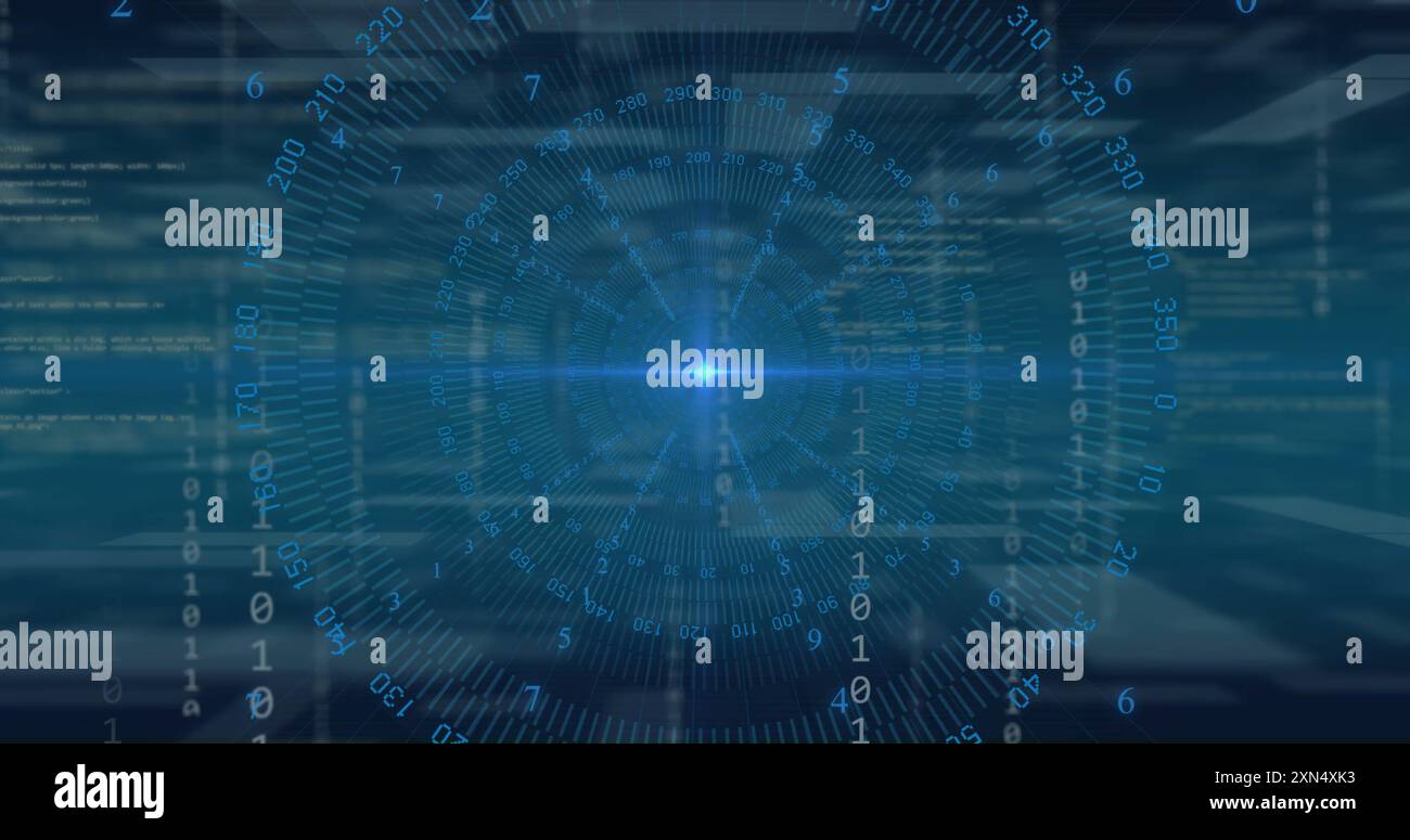 Image of circular scanner over blue light and data processing on dark background Stock Photo