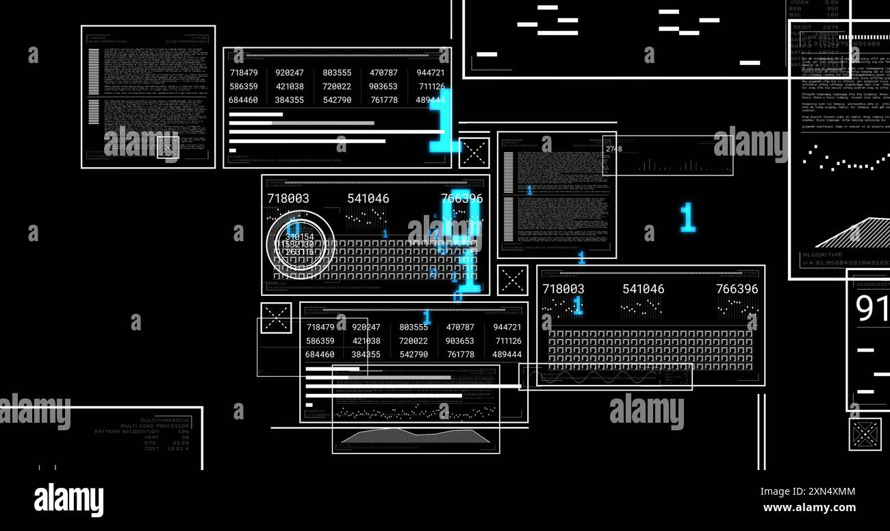 Image of digital data processing and binary coding over black background Stock Photo