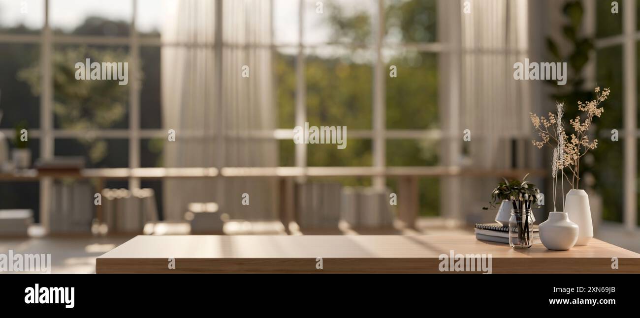 A space for displaying products on a wooden table in a contemporary Scandinavian room with sunlight streaming through an amazing large window. 3d rend Stock Photo