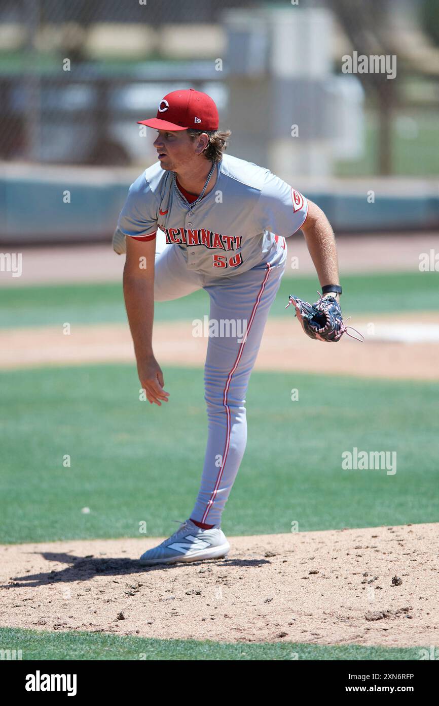 ACL Reds pitcher Cole Schoenwetter (50) delivers a pitch during an MiLB