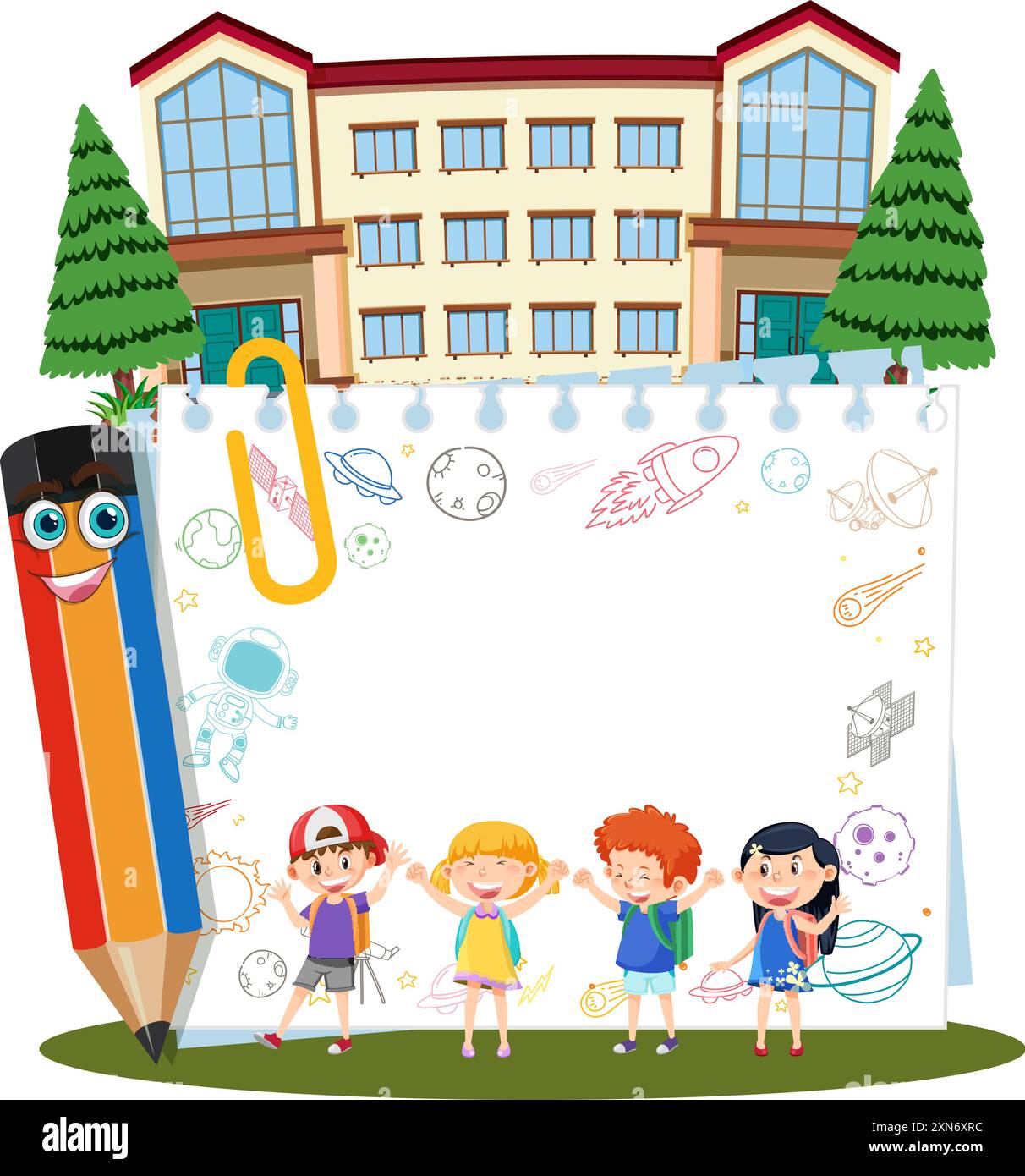 Children excitedly standing in front of school Stock Vector Image & Art ...