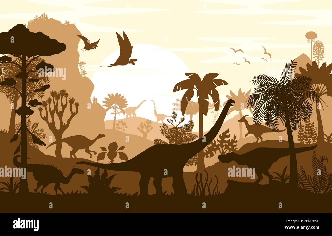 Dinosaur silhouettes, vector shadow scene of jurassic prehistoric ...