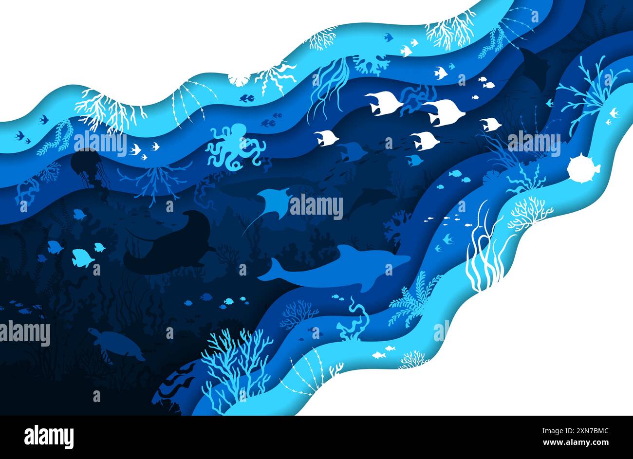 Paper cut underwater landscape with seaweeds, coral reef and sea ...