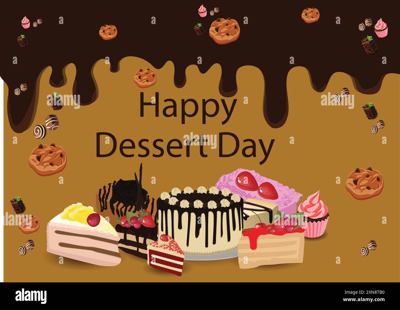 Vector illustration poster of happy dessert day with background of cake, cookies, cupcake, pastry. Stock Vector