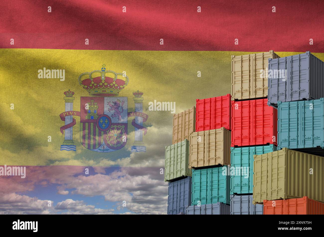 Spanish Container Ship Spain flag and big stack of shipping cargo containers in docks with sky ...