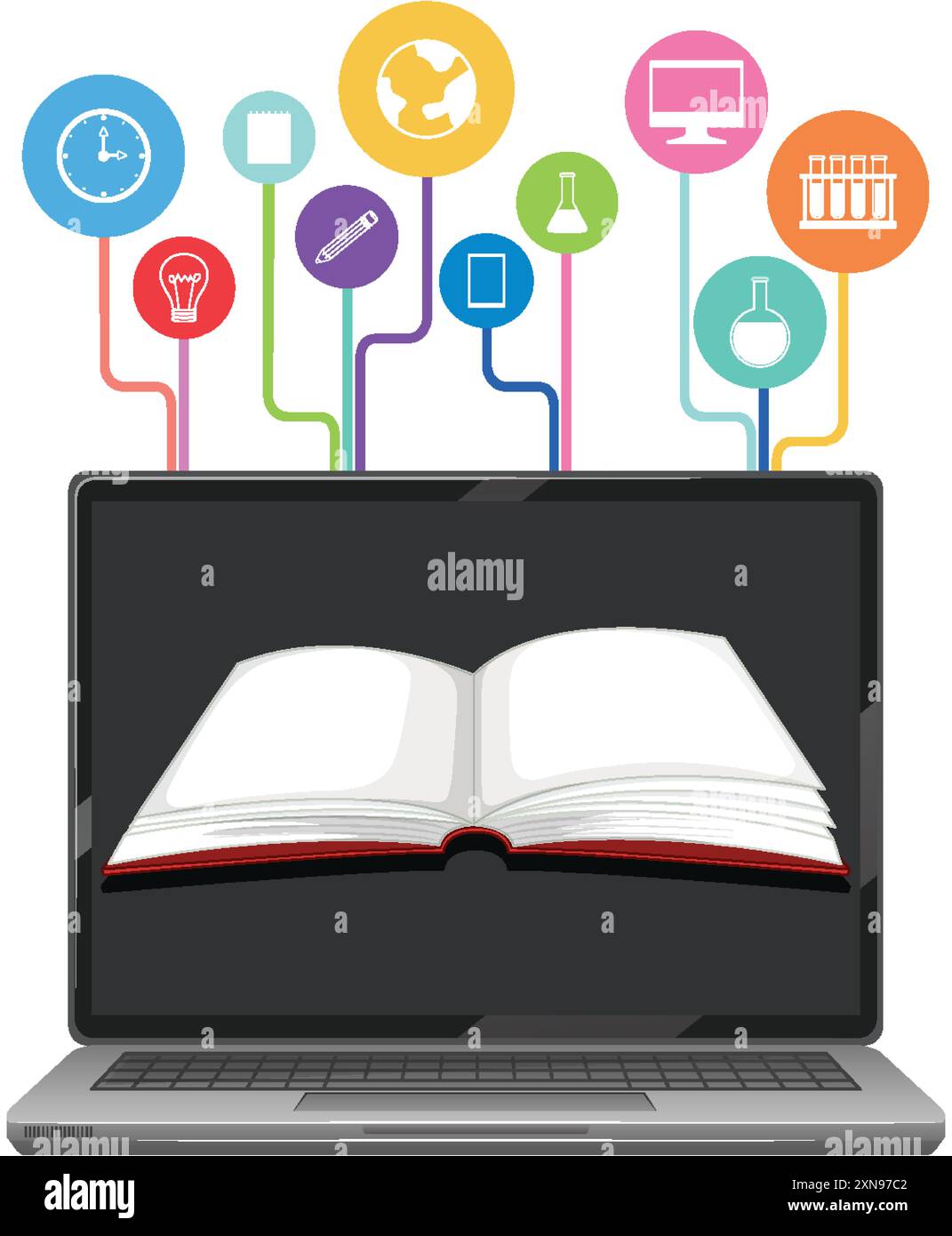 Open book on laptop with educational icons Stock Vector