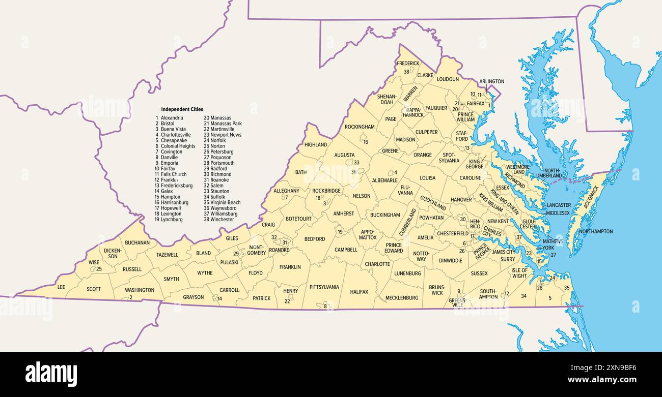 Virginia counties and cities political - Virginia Counties And Cities Political Map Commonwealth Of Virginia A State In The Southeastern And Mid Atlantic Regions Of The United States 2XN9BF6