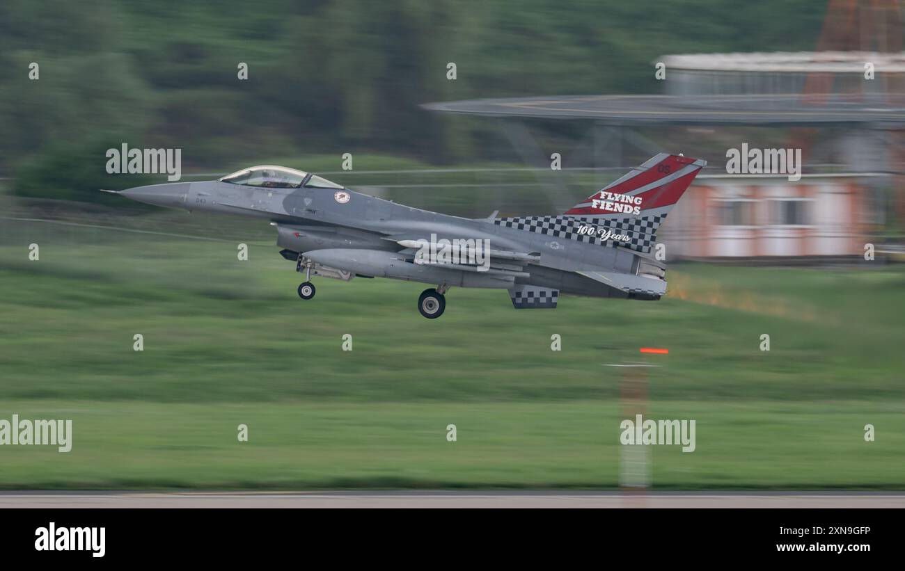 A U.S. Air Force F-16 Fighting Falcon assigned to the 36th Fighter Squadron takes off at Osan Air Base, Republic of Korea, July 24, 2024. The 36th FS Stock Photo