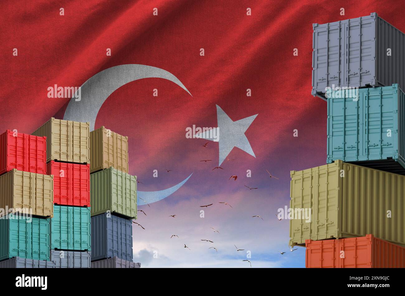 Turkish Container Turkey flag and big stack of shipping cargo containers in docks with ...